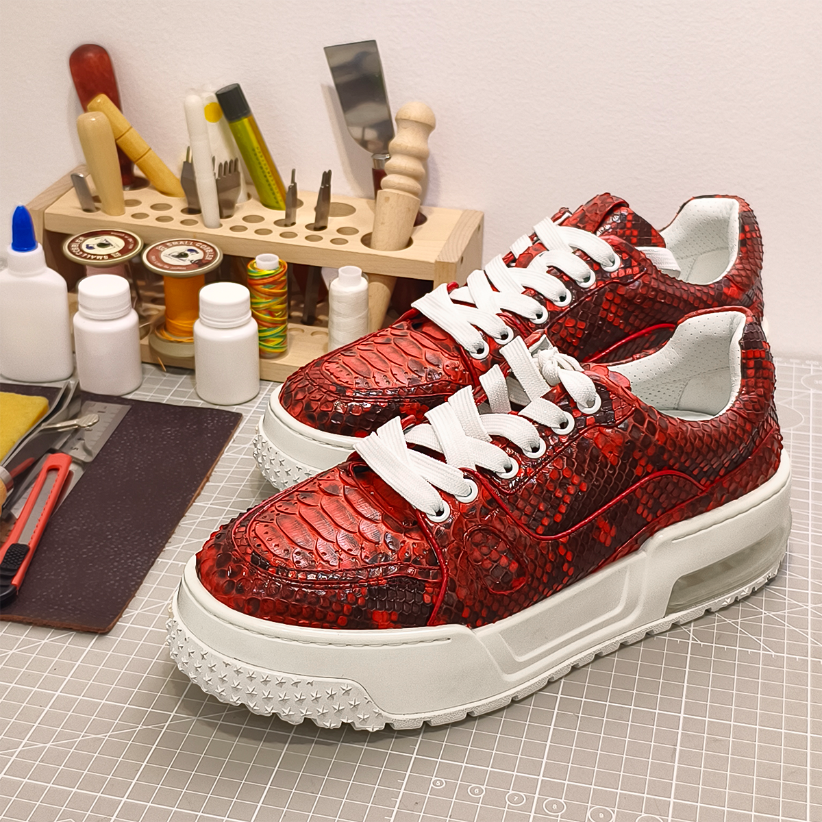 Handmade Genuine Python Leather Sneakers, Bold Red Painted Shoes Design with Air Cushion Sole