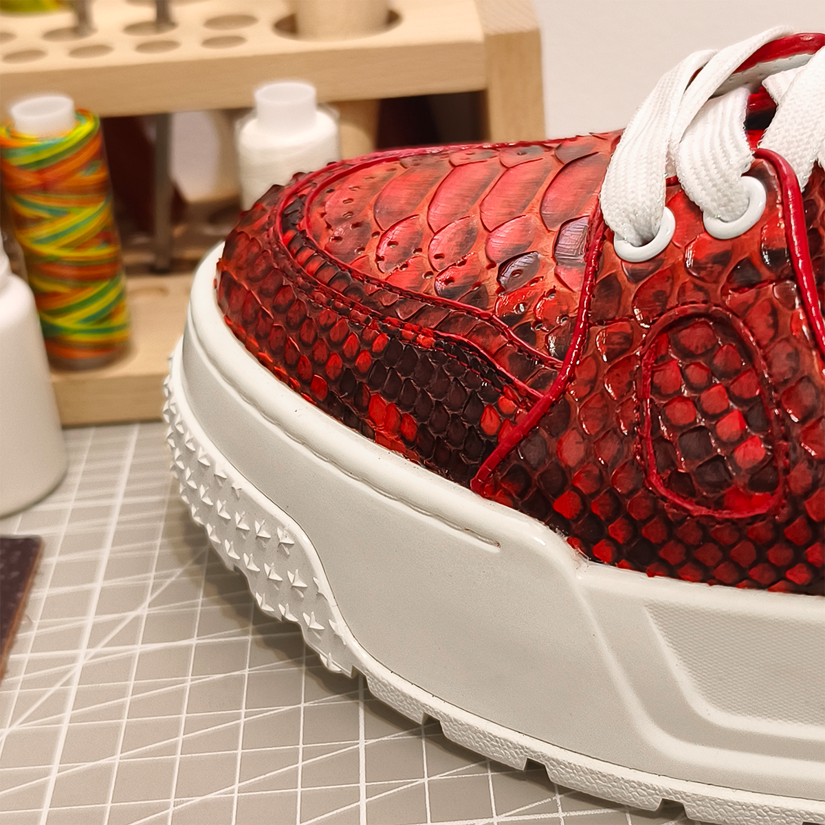 Handmade Genuine Python Leather Sneakers, Bold Red Painted Shoes Design with Air Cushion Sole