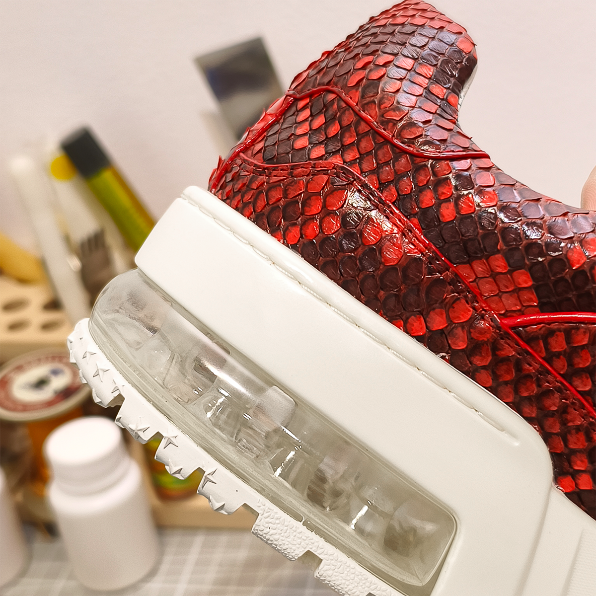 Handmade Genuine Python Leather Sneakers, Bold Red Painted Shoes Design with Air Cushion Sole