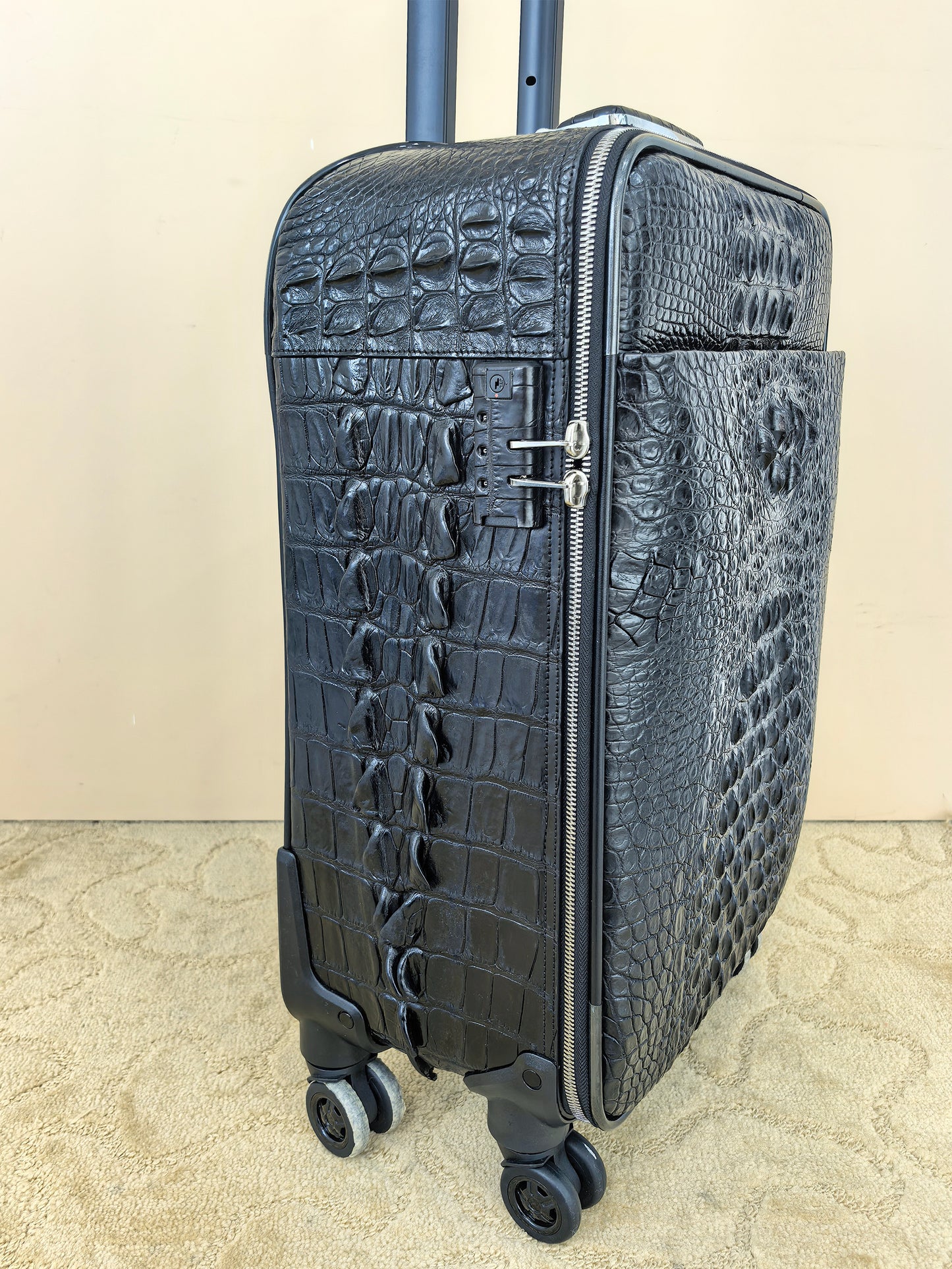 Genuine Alligator Leather Luggage, Black Exotic Texture