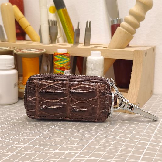 Handmade Genuine Alligator Leather Car Key Fob Case Protector, Glossy Brown Natural Texture Artisanal Zip-around Design with Keychain
