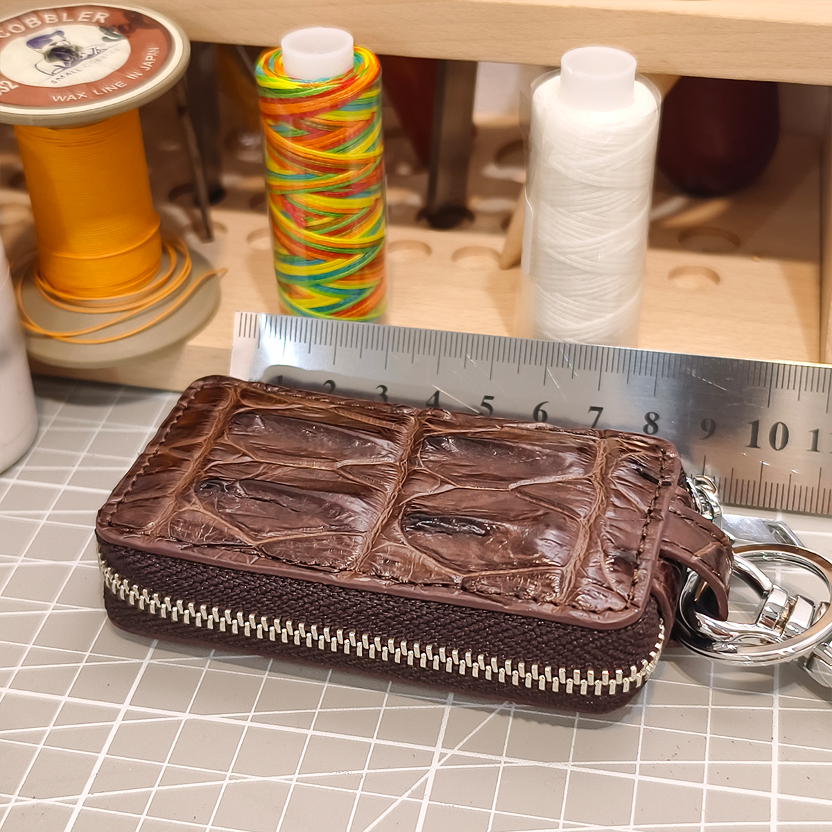 Handmade Genuine Alligator Leather Car Key Fob Case Protector, Glossy Brown Natural Texture Artisanal Zip-around Design with Keychain