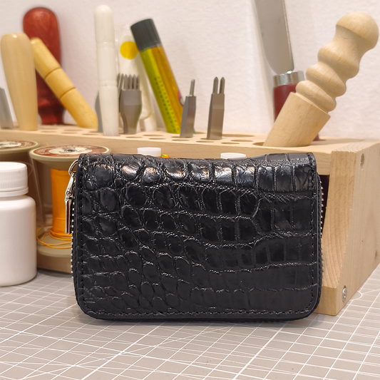 Handmade Genuine Alligator Leather Card Wallet, Glossy Black Natural Texture with Accordion Compartments