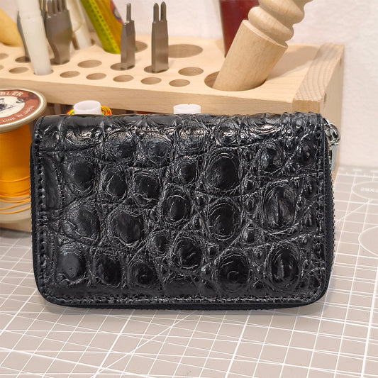 Handmade Genuine Alligator Leather Card & Keys Wallet Case : Glossy Black with Built-in Hooks