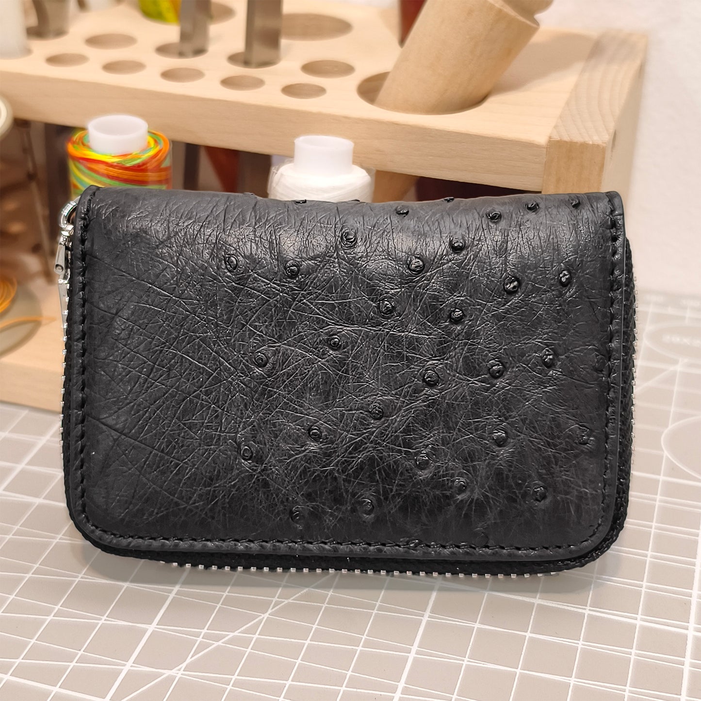 Handmade Genuine Ostrich Leather Card Wallet Case, Charcoal Black with Accordion Compartments