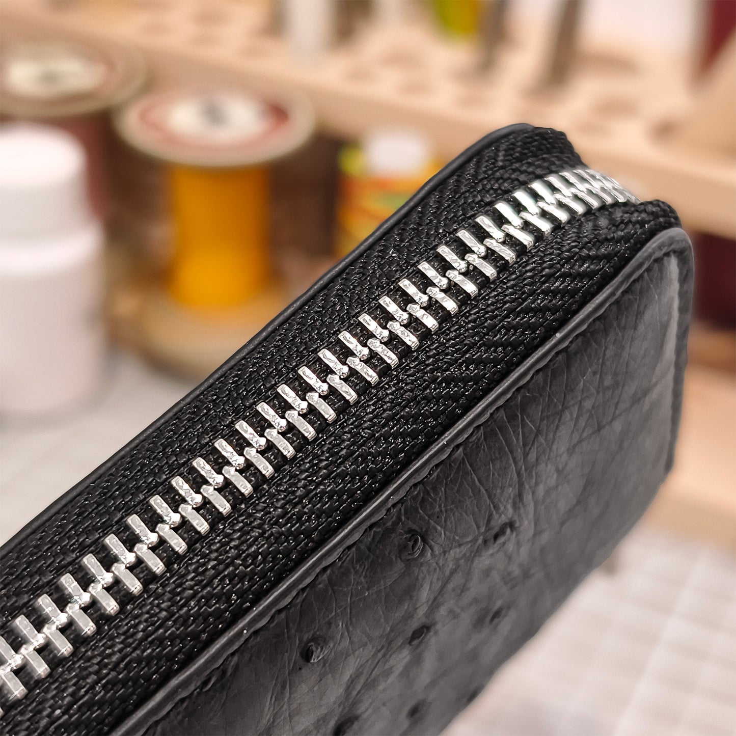 Handmade Genuine Ostrich Leather Card Wallet Case, Charcoal Black with Accordion Compartments