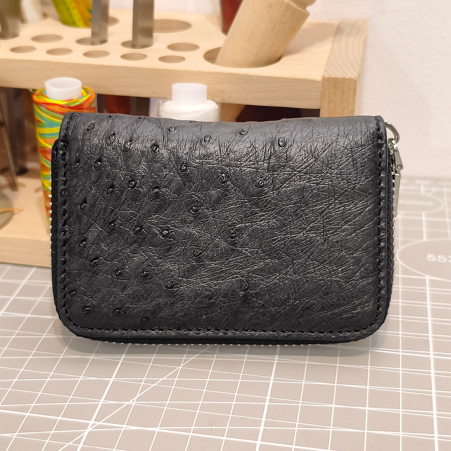 Handmade Genuine Ostrich Leather Card Wallet Case, Charcoal Black with Accordion Compartments