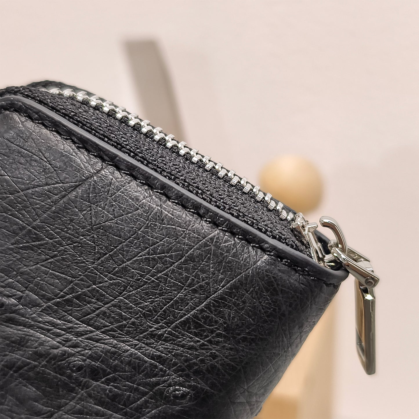 Handmade Genuine Ostrich Leather Card Wallet Case, Charcoal Black with Accordion Compartments