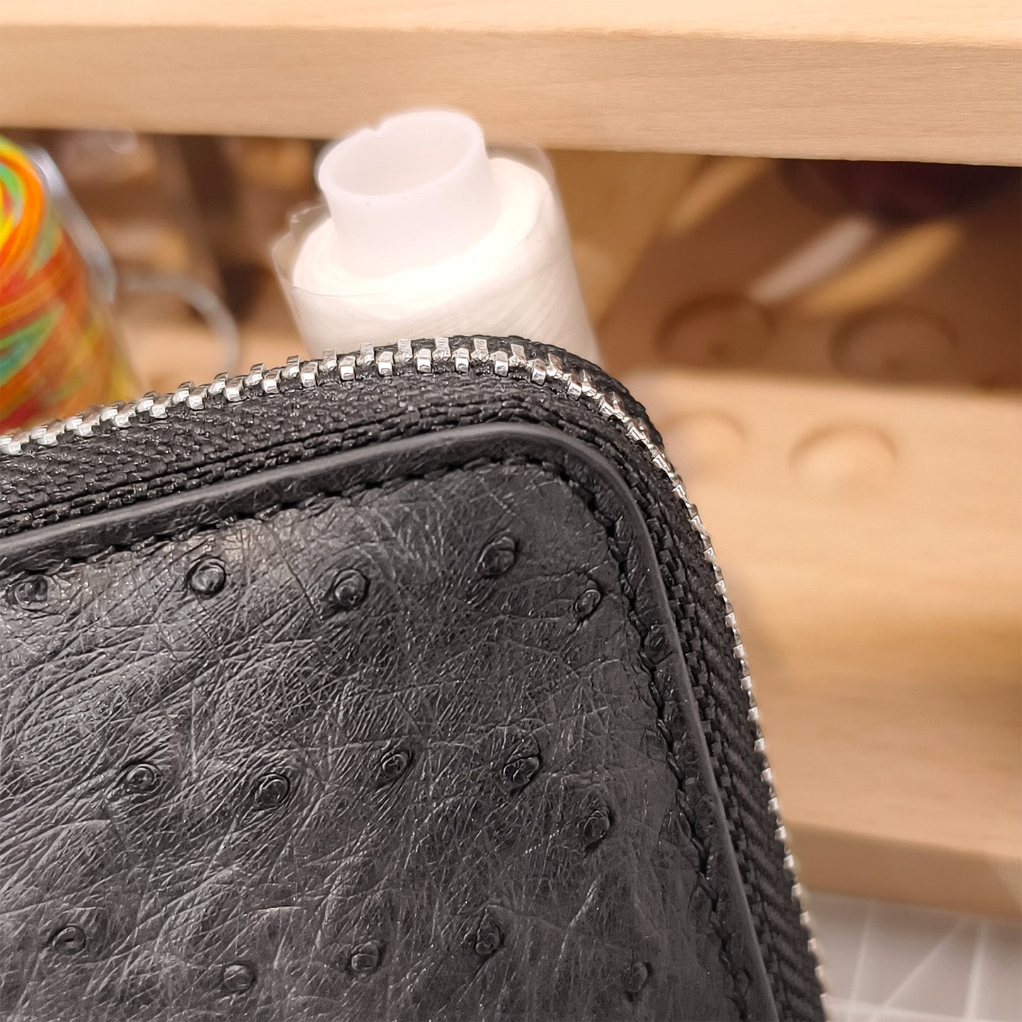 Handmade Genuine Ostrich Leather Card Wallet Case, Charcoal Black with Accordion Compartments