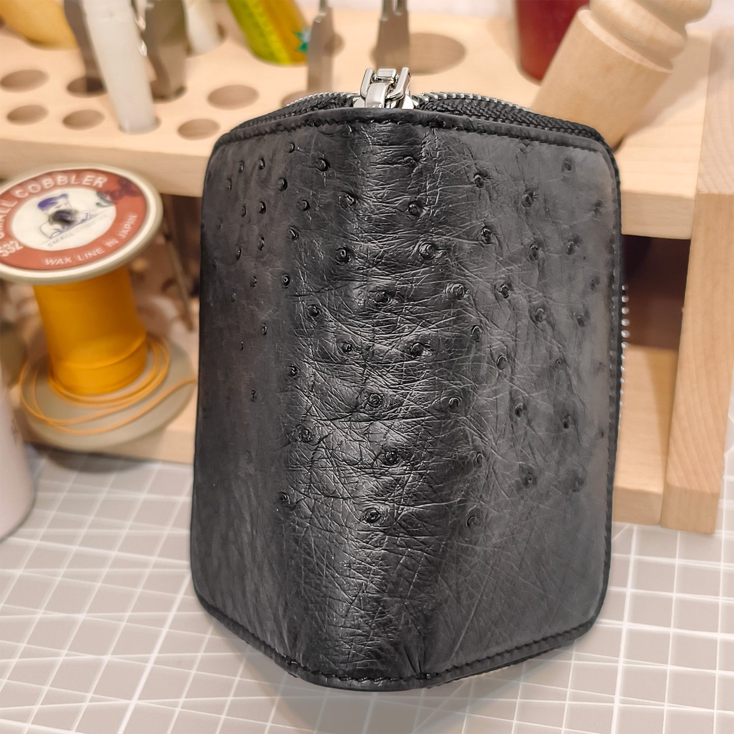 Handmade Genuine Ostrich Leather Card Wallet Case, Charcoal Black with Accordion Compartments