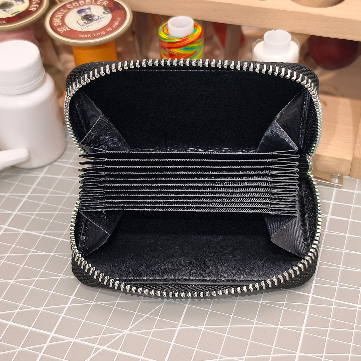 Handmade Genuine Ostrich Leather Card Wallet Case, Charcoal Black with Accordion Compartments