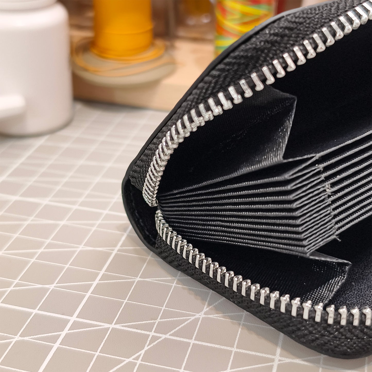 Handmade Genuine Ostrich Leather Card Wallet Case, Charcoal Black with Accordion Compartments