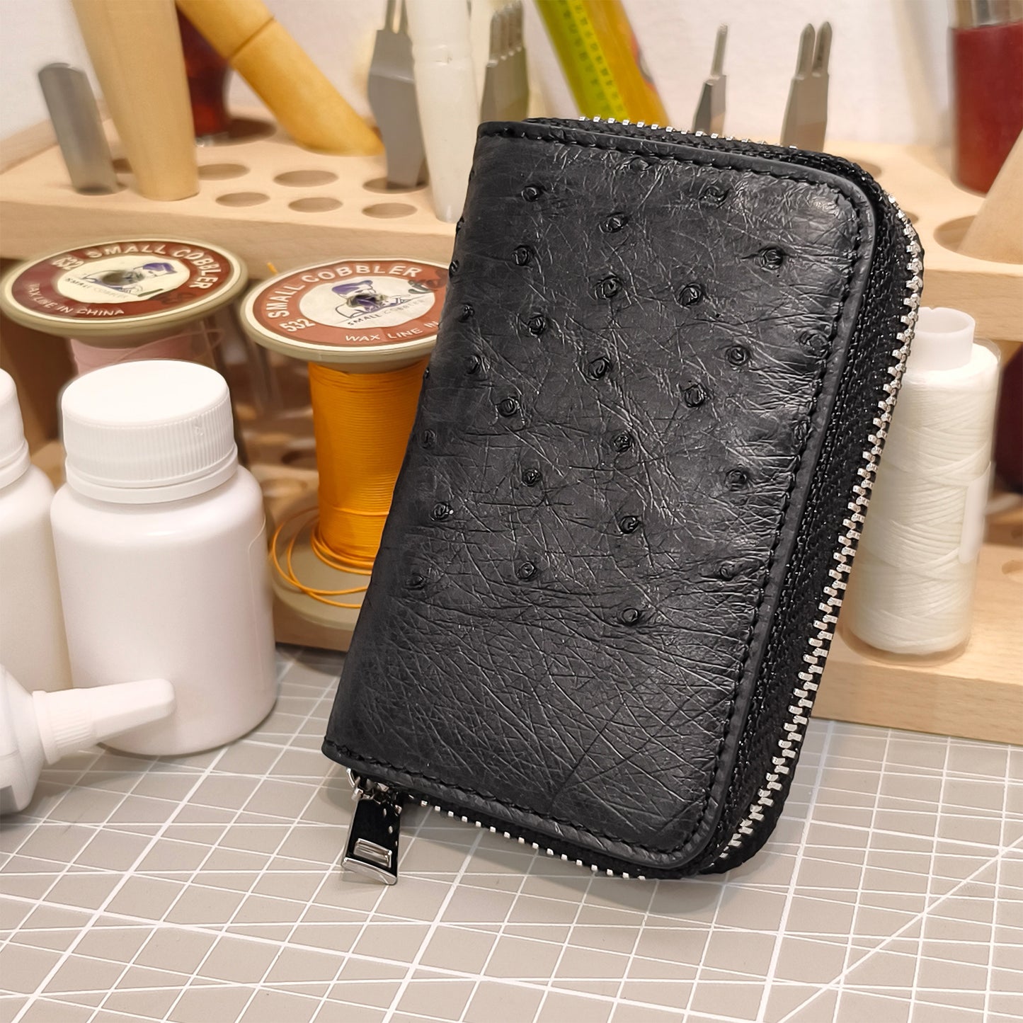 Handmade Genuine Ostrich Leather Card Wallet Case, Charcoal Black with Accordion Compartments