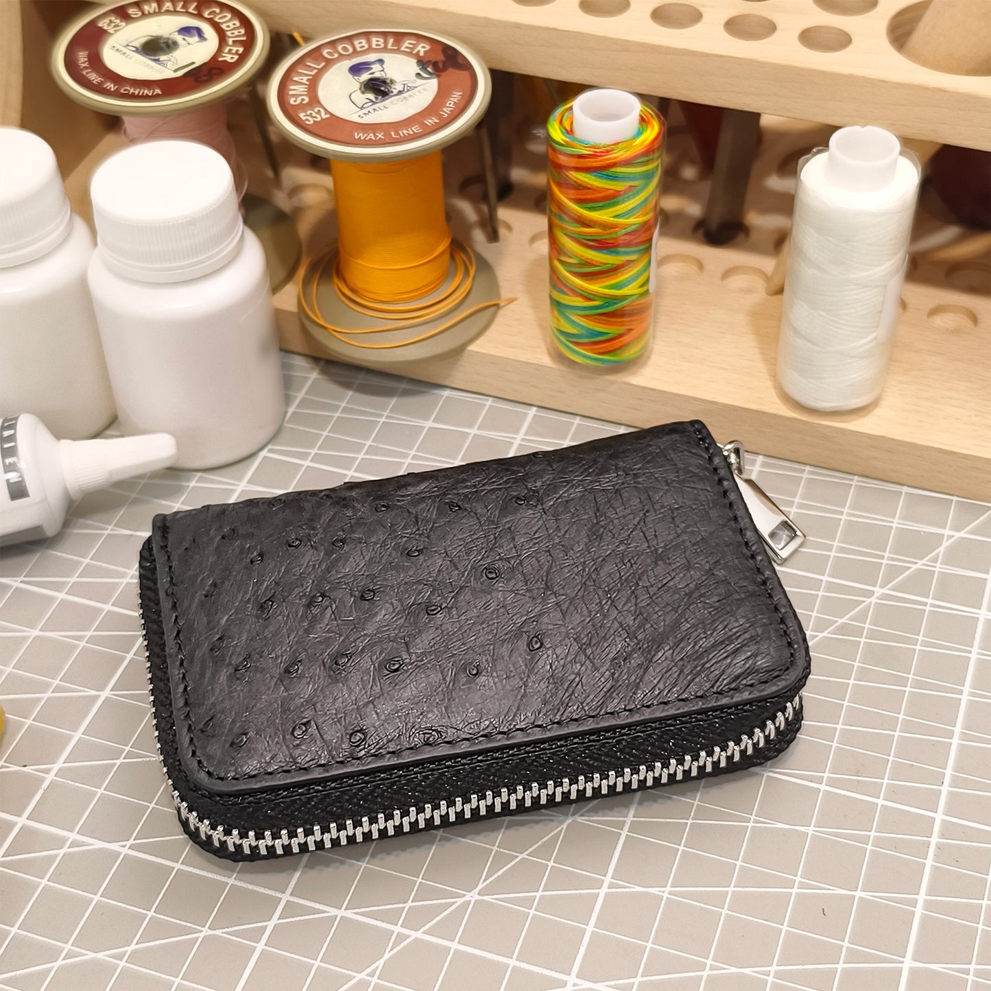 Handmade Genuine Ostrich Leather Card Wallet Case, Charcoal Black with Accordion Compartments